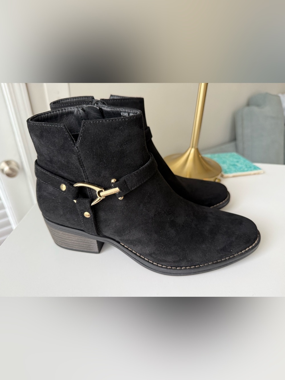 White Mountain Black Suede Ankle Booties with Gold Accent